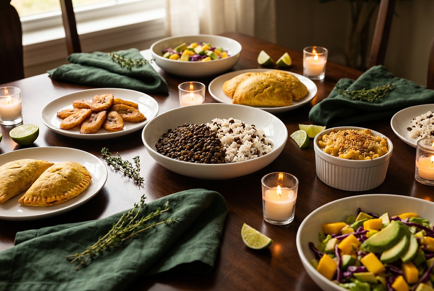 A luxurious spread of plated vegan Caribbean dishes laid out on a table for an event