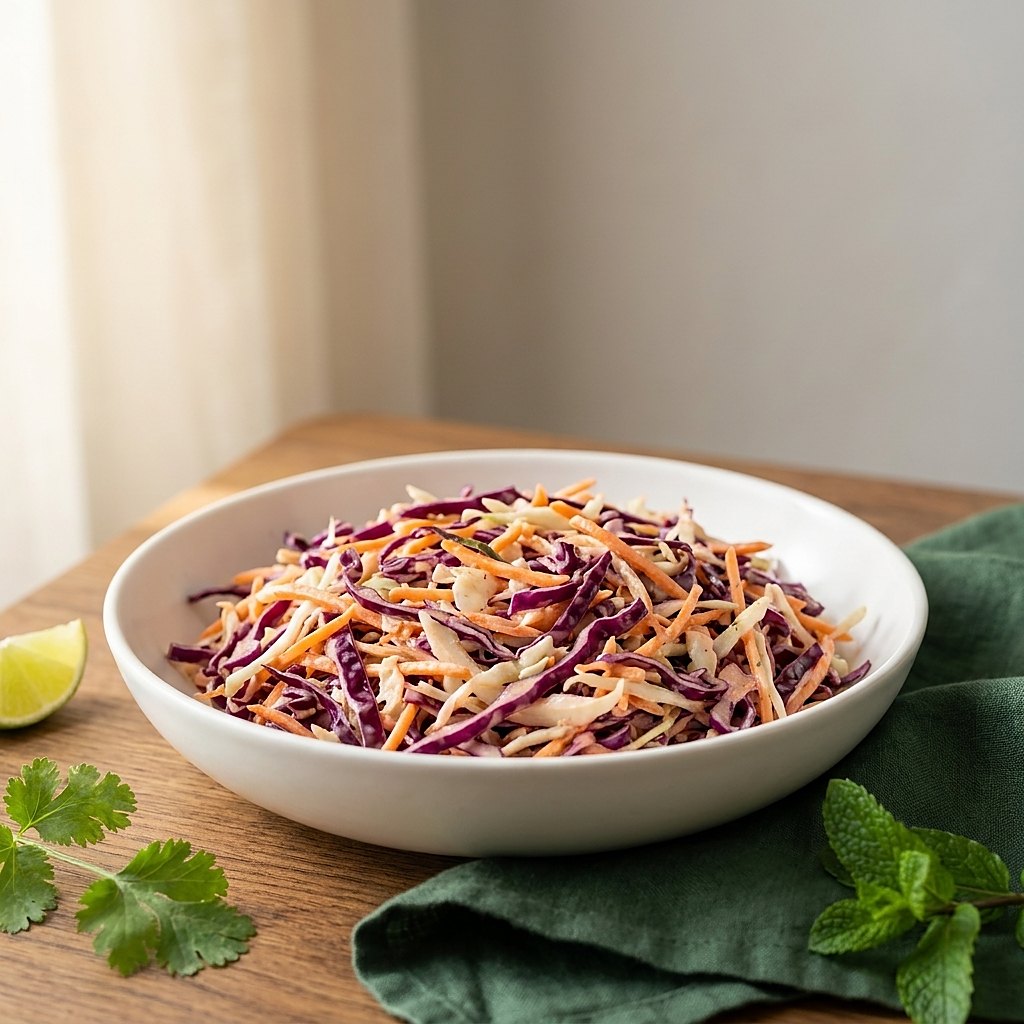 Fresh Caribbean coleslaw with red cabbage, white cabbage and carrot