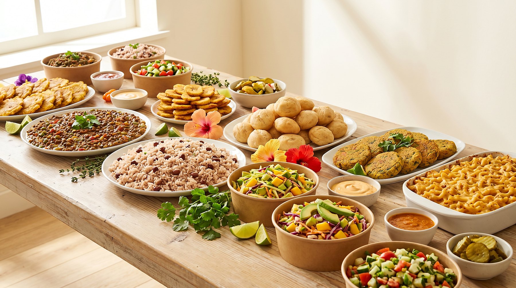 An abundant vegan Caribbean catering spread by Rooted Soul, Newport