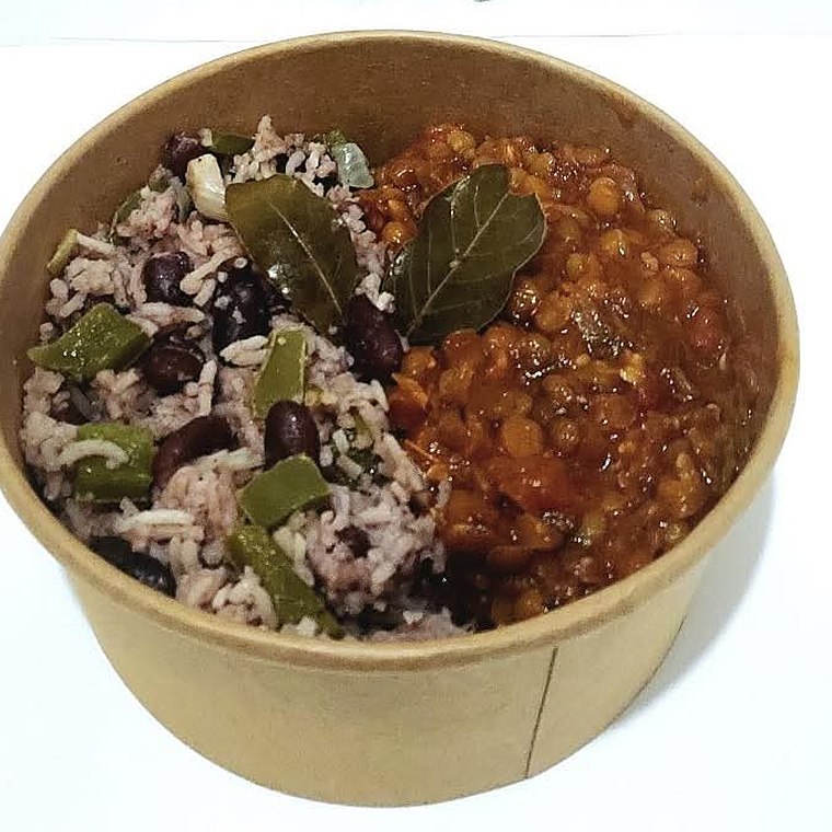 Rice and peas with jerk lentils, freshly made by Rooted Soul